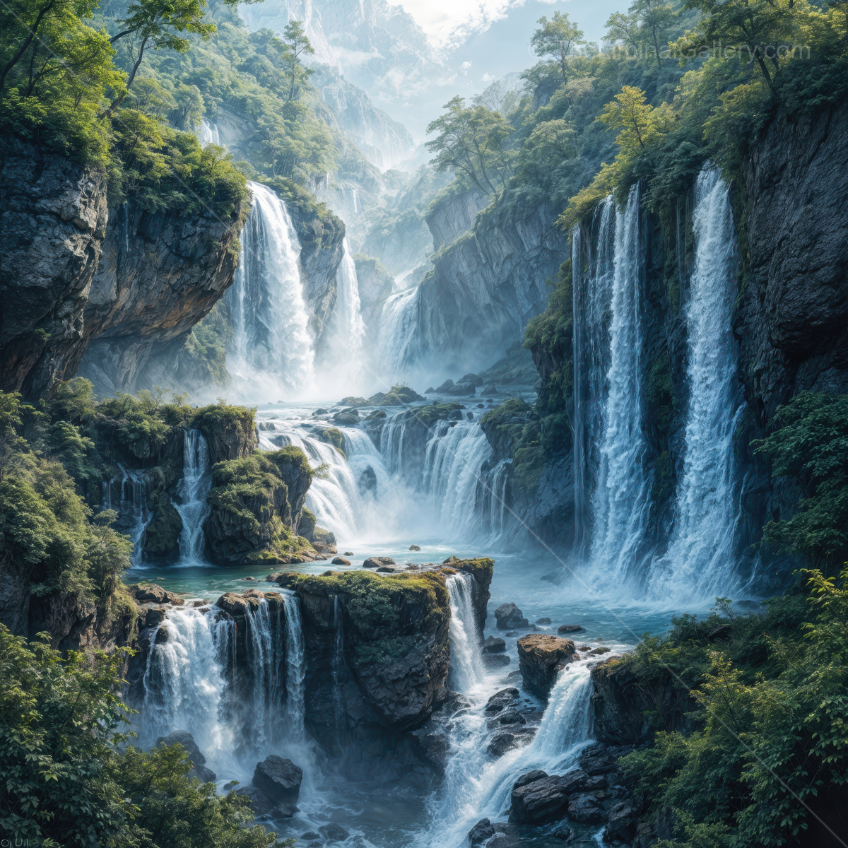 Enchanting waterfalls cascade through a serene forest landscape bathed in soft morning light