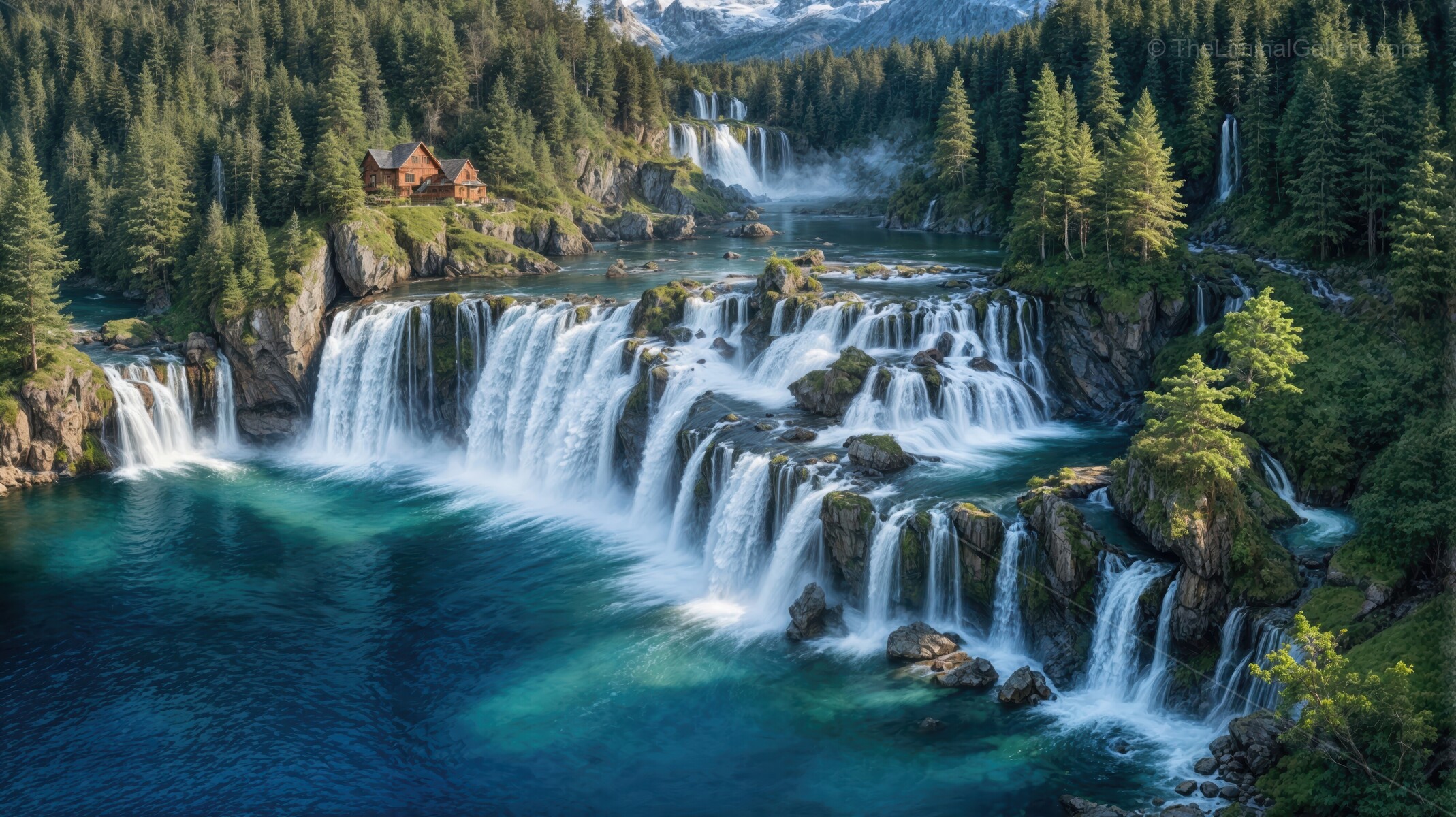 Majestic waterfalls cascade through lush forests amidst stunning mountain backdrop