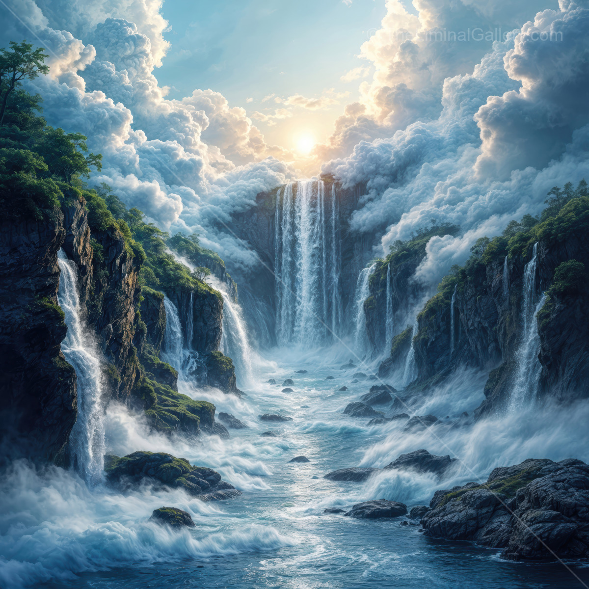 Discover the serene beauty of cascading waterfalls under a luminous, cloud-filled sky