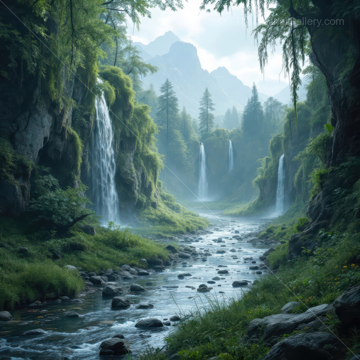 Exploring a mystical valley with cascading waterfalls and lush greenery in the early morning light