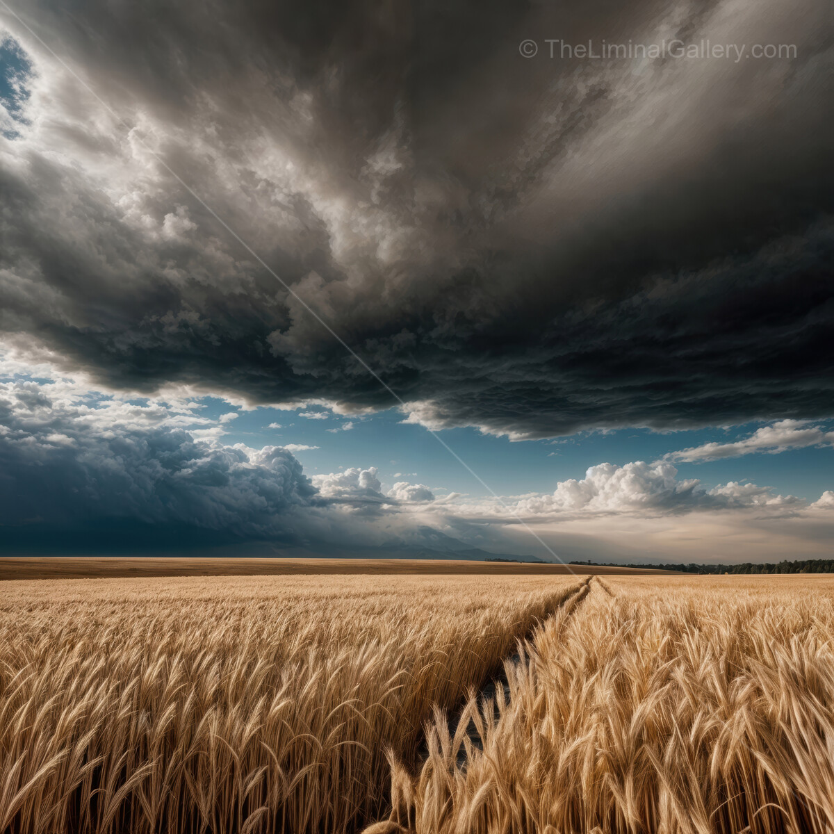 Expansive liminal golden wheat field under dramatic stormy sky at twilight