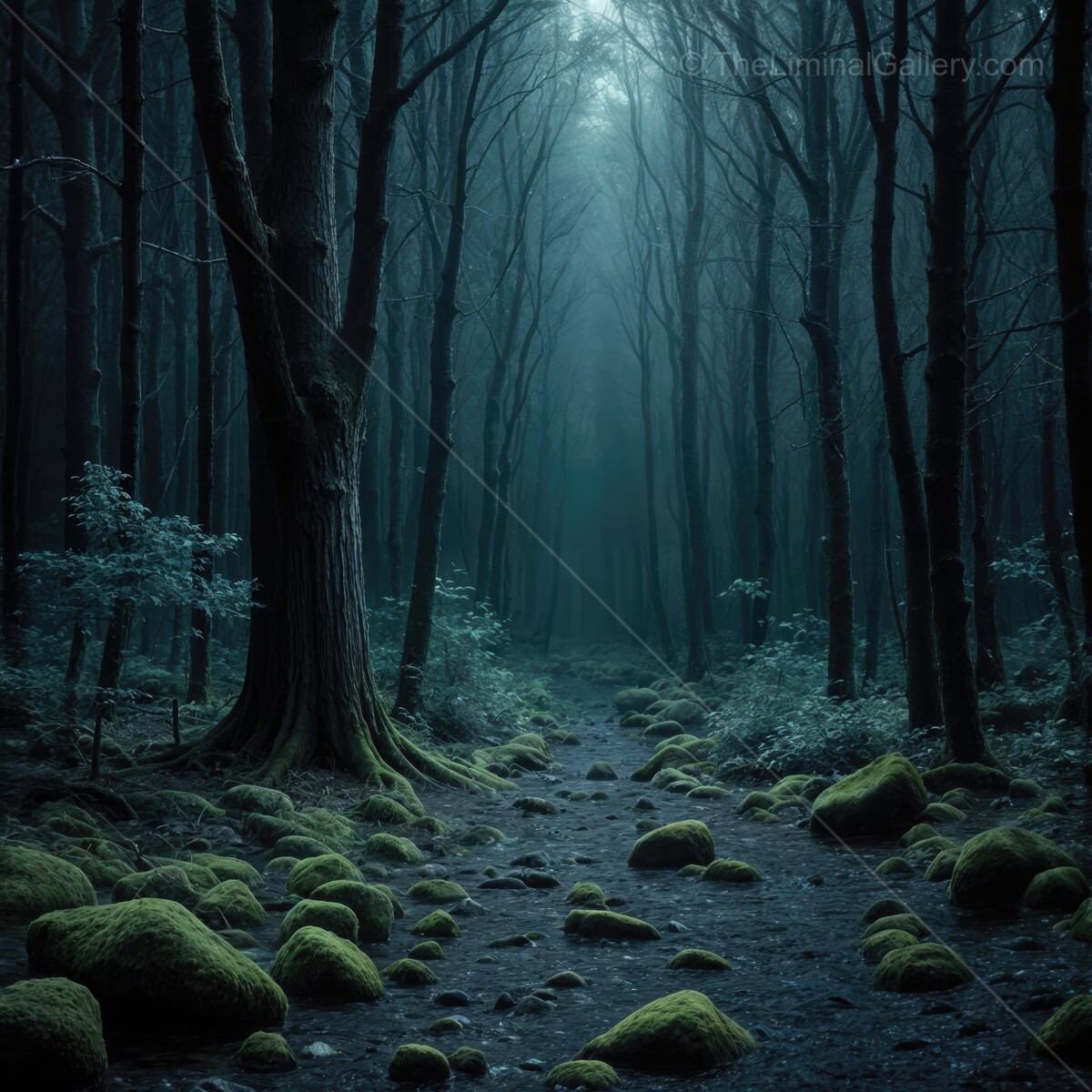 Whispers of the enchanted forest under a moonlit sky with mist and moss-covered stones