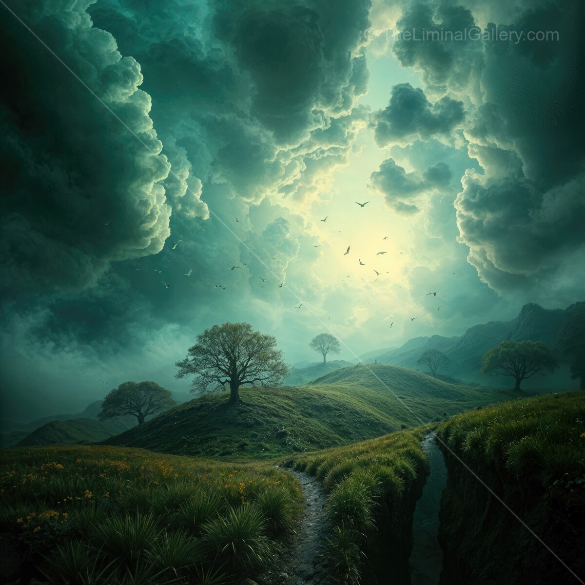 Whispers of a mystical landscape under dramatic clouds at dawn