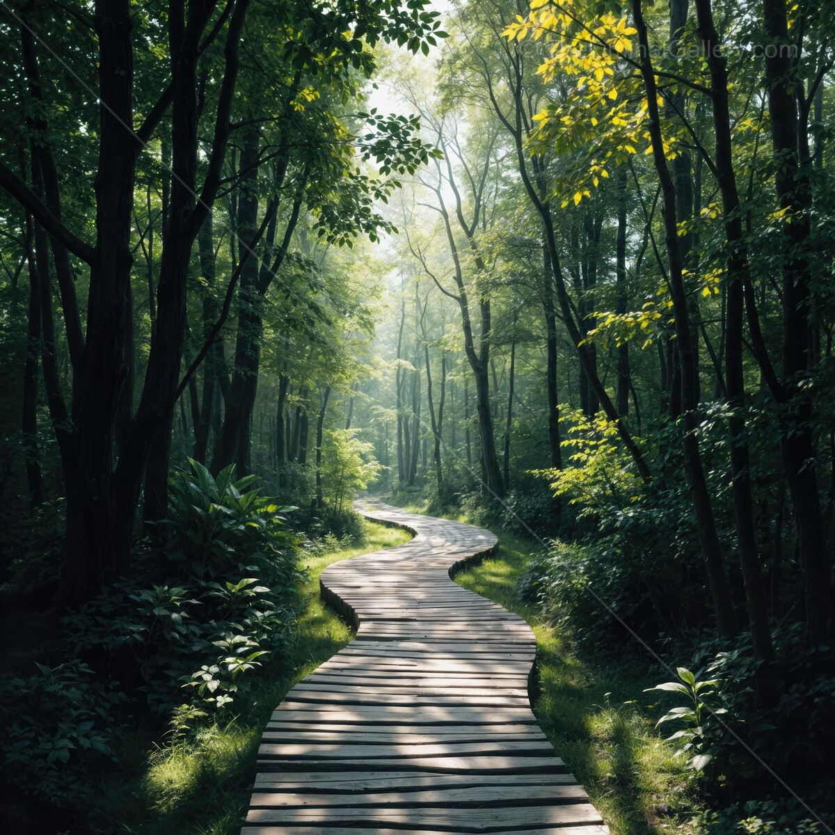 Serenity unfolds along a liminal winding wooden path through lush greenery in a tranquil forest at dawn
