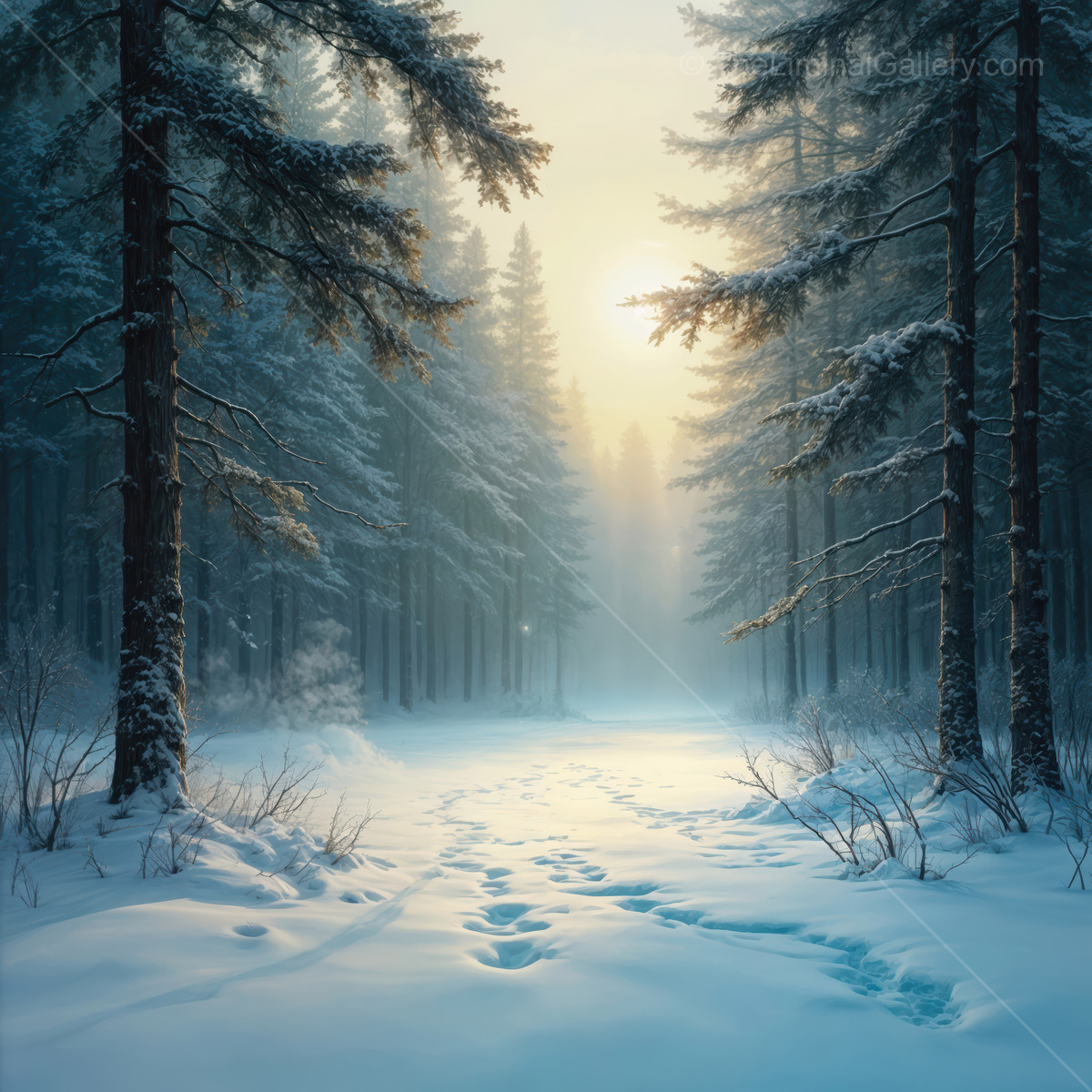 Dawn breaks over a snow-covered forest path shrouded in ethereal mist