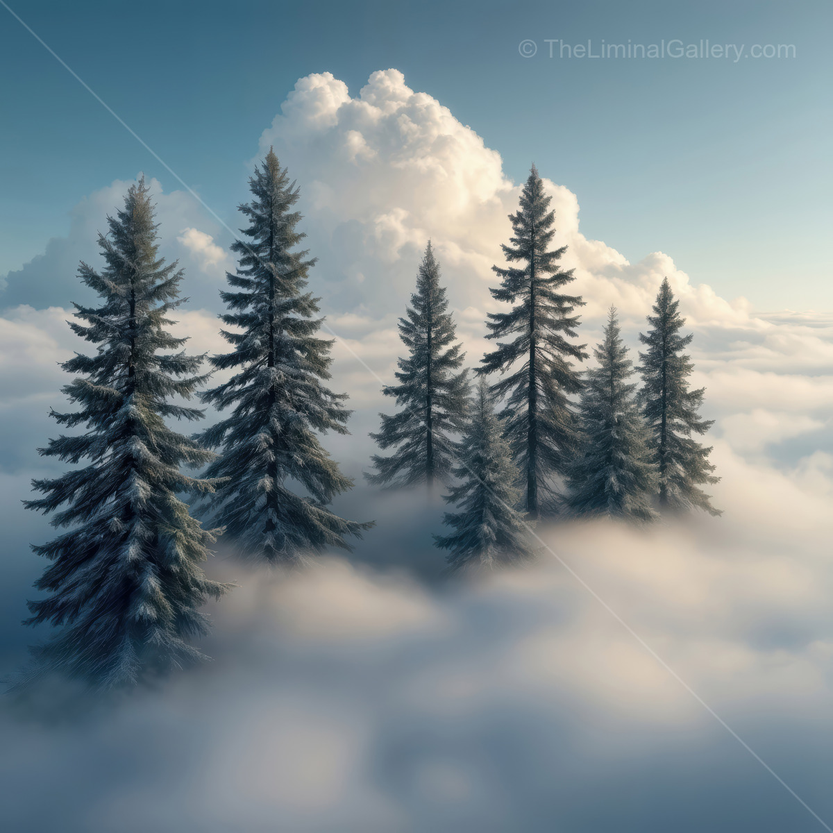 Snowy evergreens rise majestically above a sea of clouds in a tranquil winter landscape