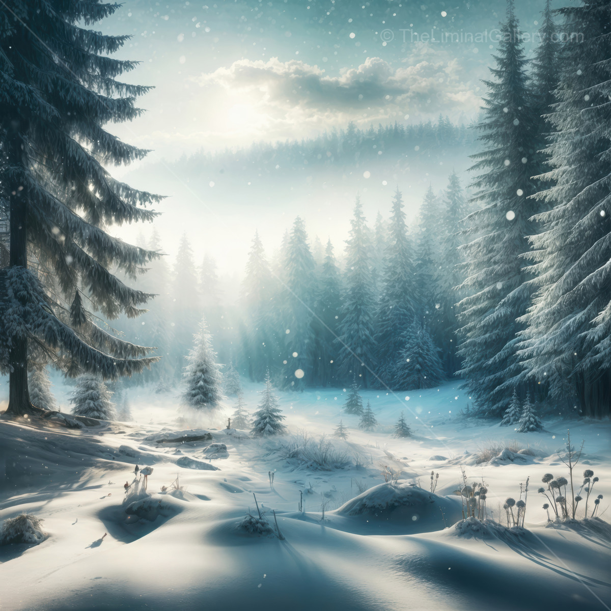 Mysterious winter landscape with fog and snow, evoking feelings of nostalgia and tranquility