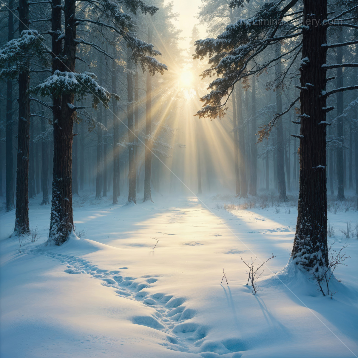 Mysterious winter forest bathed in golden light with soft shadows cast by ancient trees