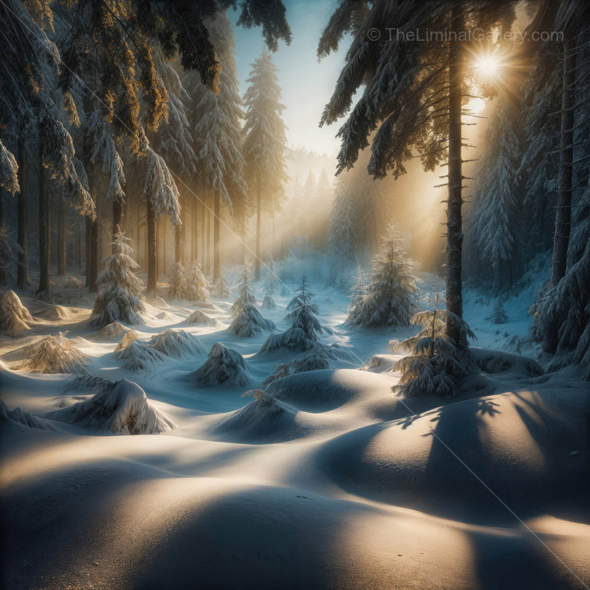 Liminal winter forest bathed in golden light and snow's gentle embrace
