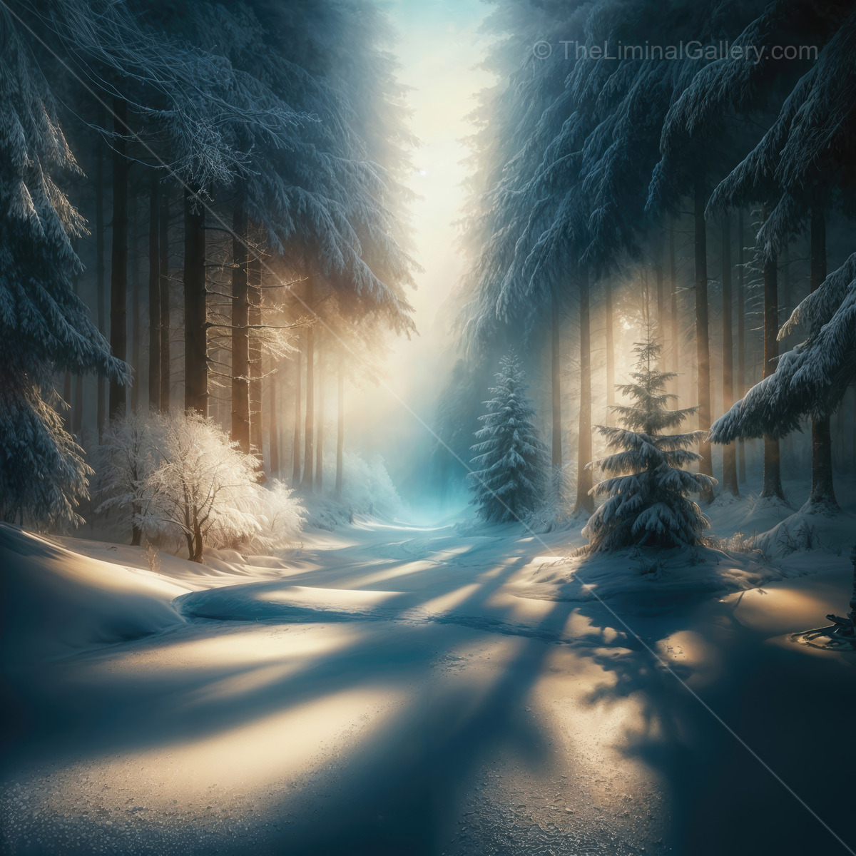 Mystical winter landscape with ethereal light filtering through snowy trees