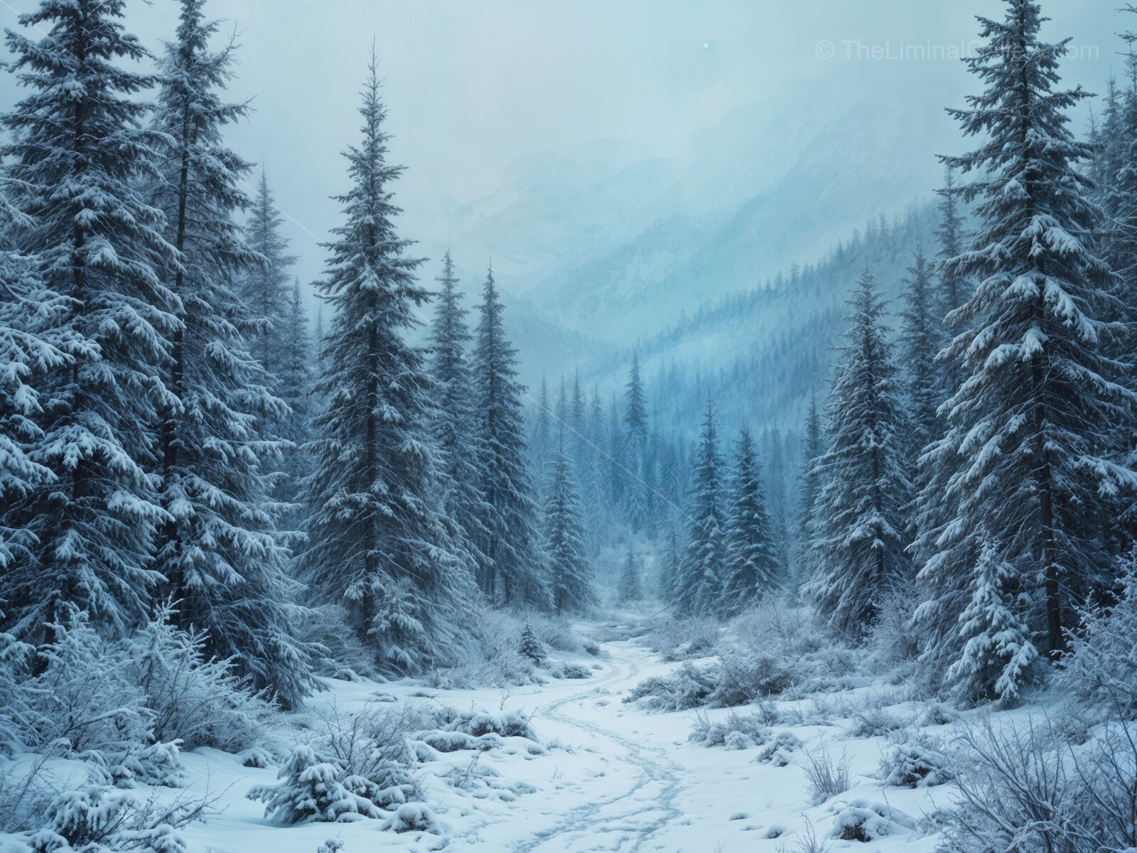 Mist-laden wilderness evokes a dreamlike journey through a snowy forest at dawn