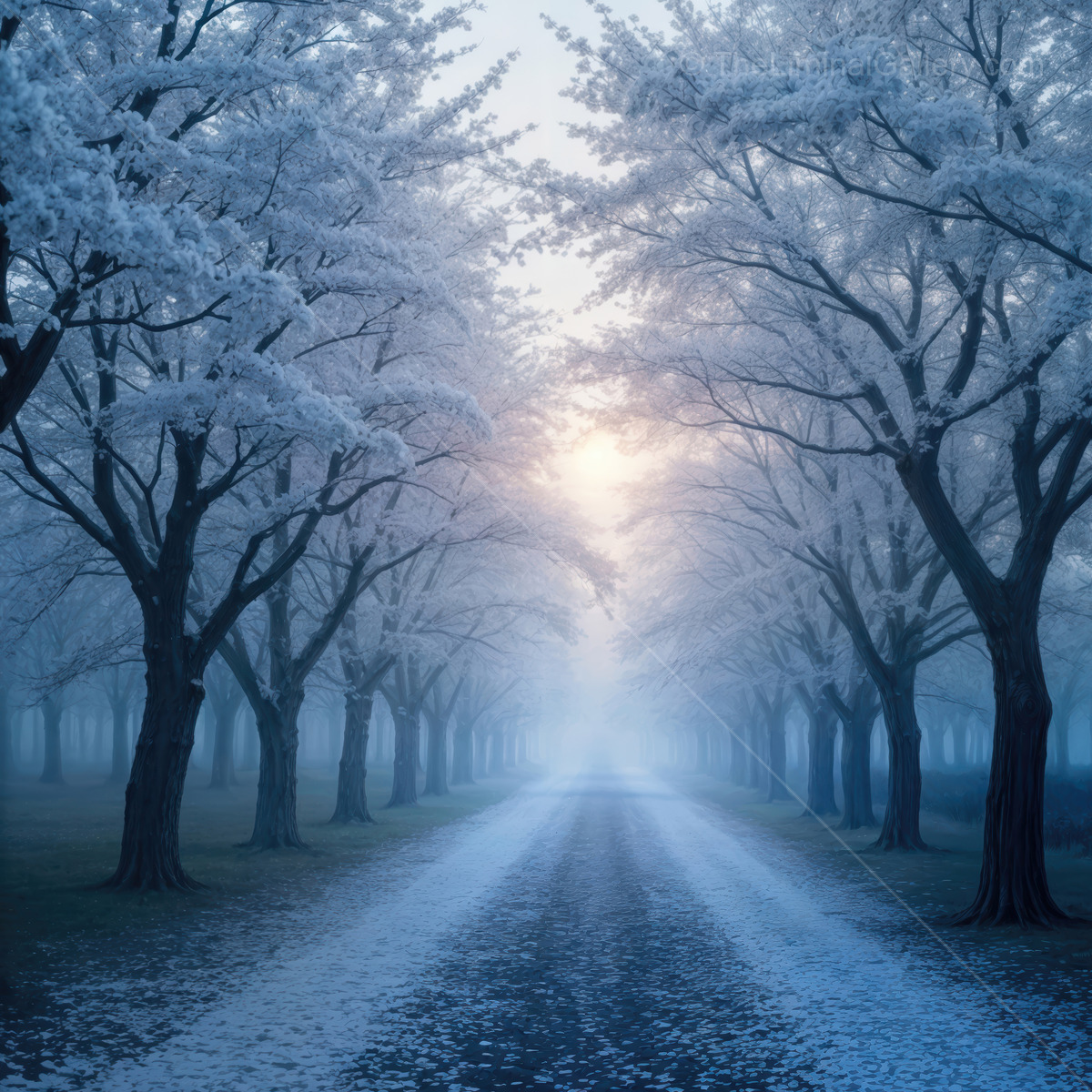 Misty winter pathway lined with frosted trees exuding a liminal charm at dawn