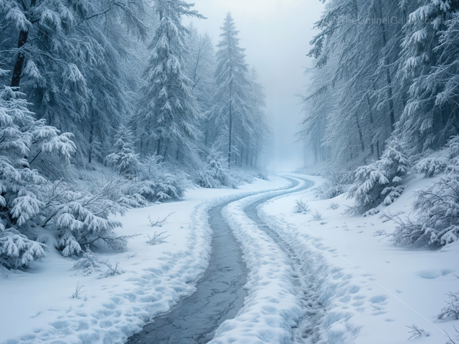 Frozen pathways weave through a misty forest landscape bathed in tranquil silence
