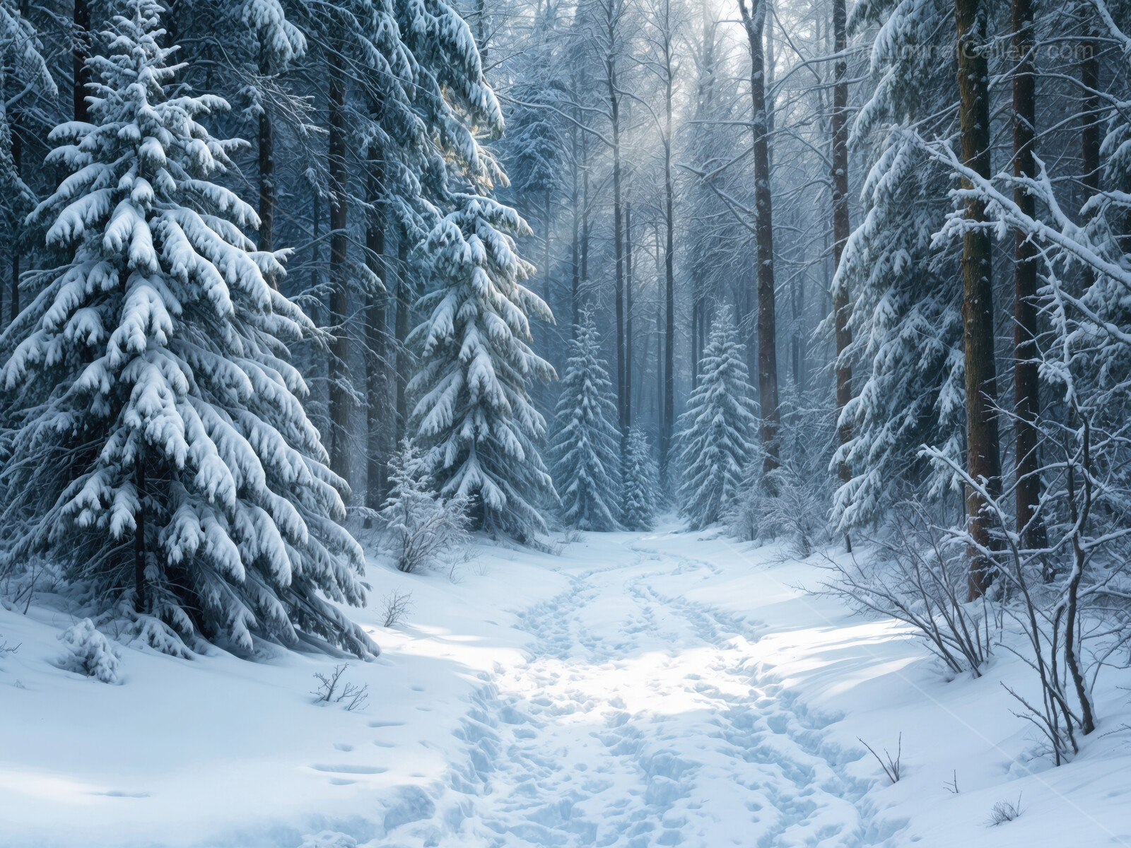 Whispers of winter in a snow-covered forest pathway at dawn's gentle light