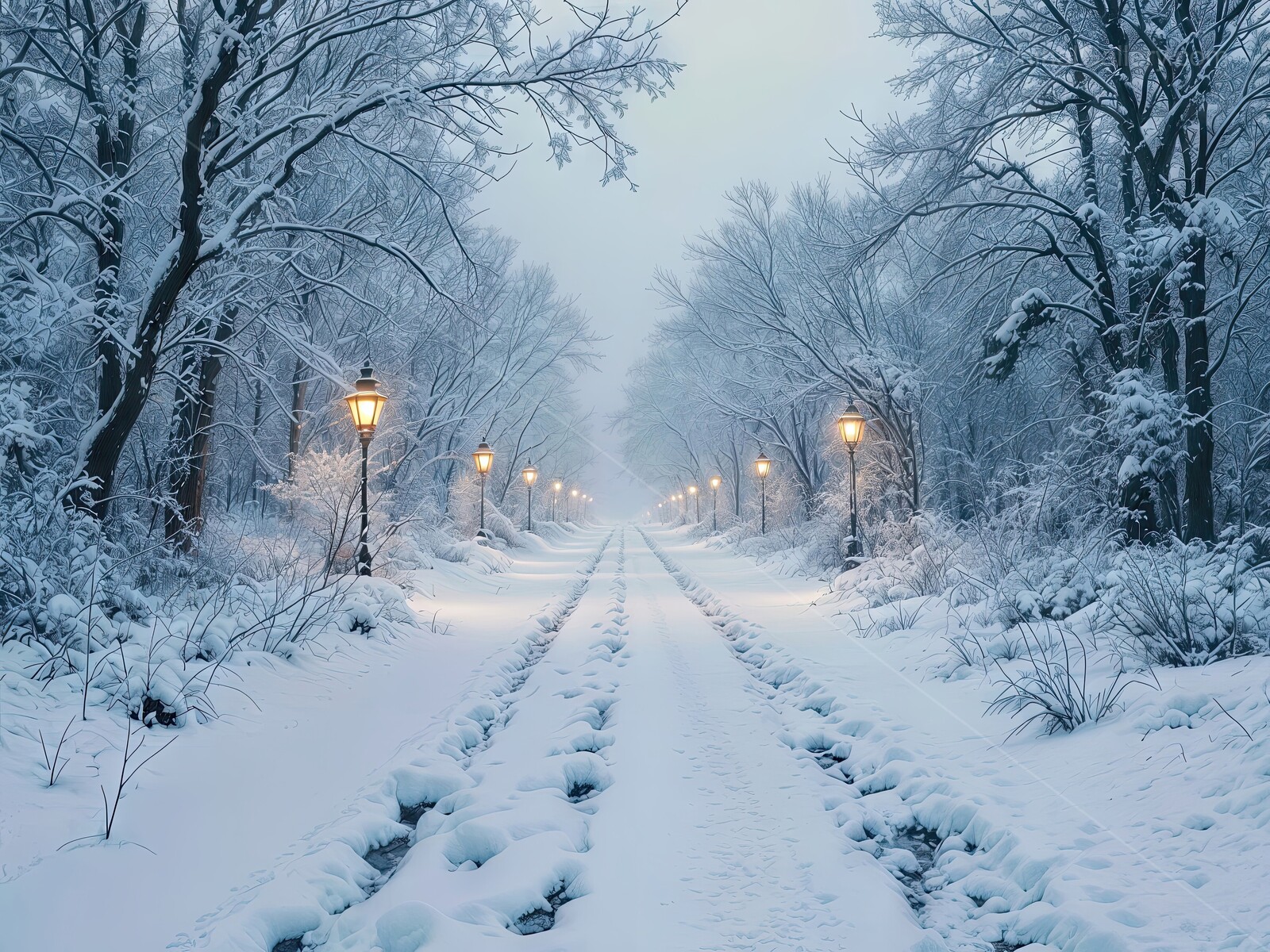 Enchanting winter pathway through a snowy forest illuminated by vintage lamps in the quiet dusk