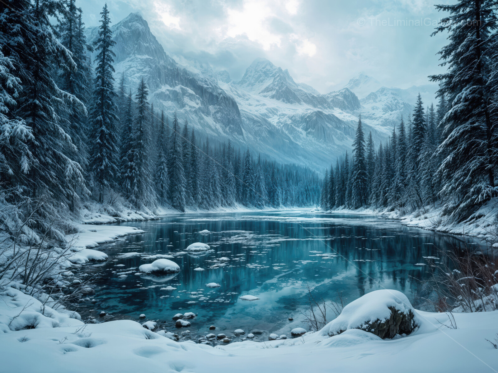 Whispers of winter in a mystical forest beside the tranquil river at dawn