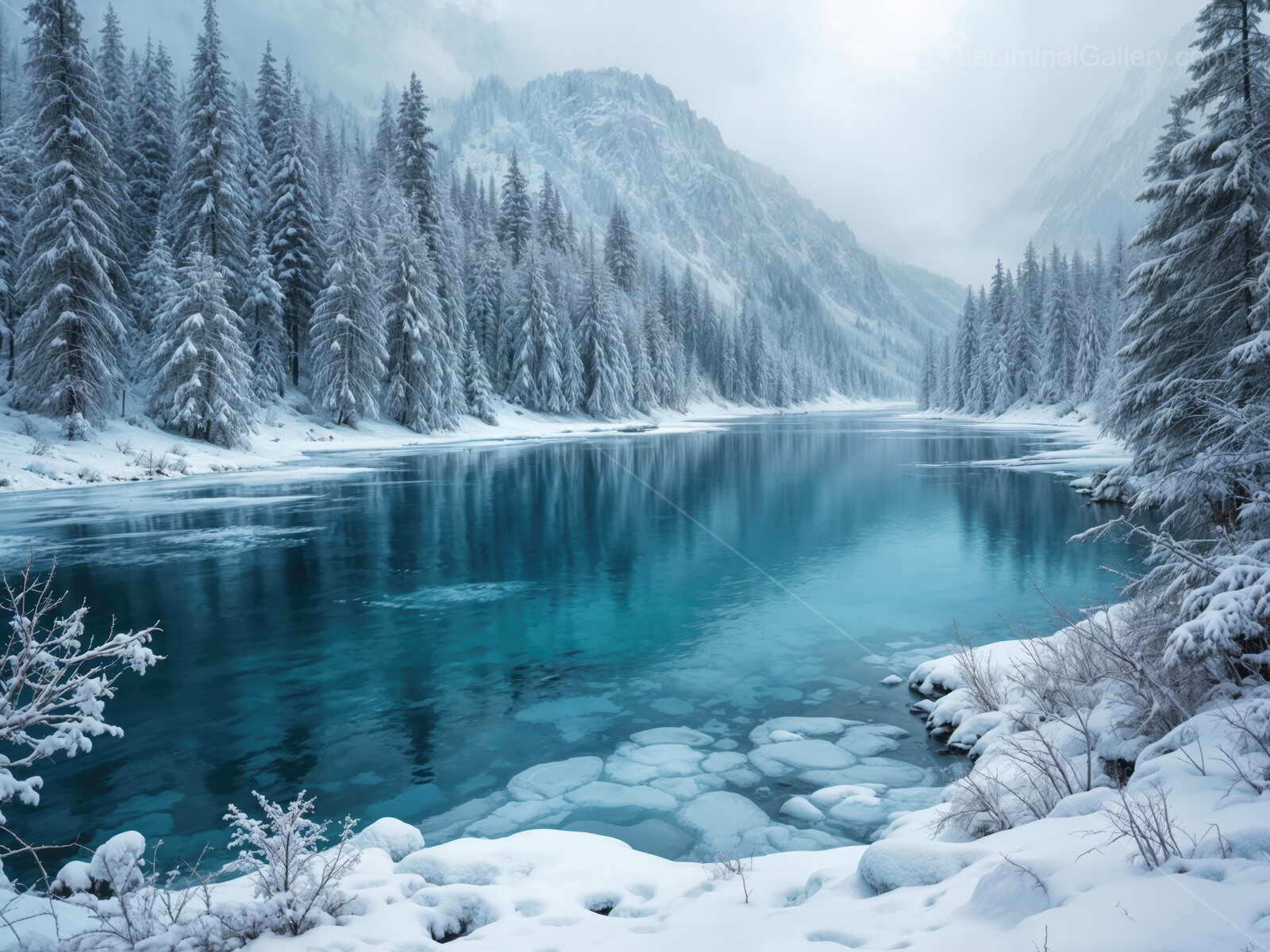 Majestic winter landscape with tranquil river and snow-covered trees at dawn