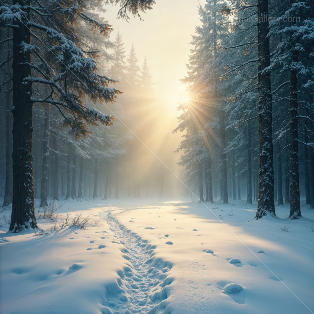 Enchanting winter trail through a serene, foggy forest at sunrise inviting exploration and tranquility