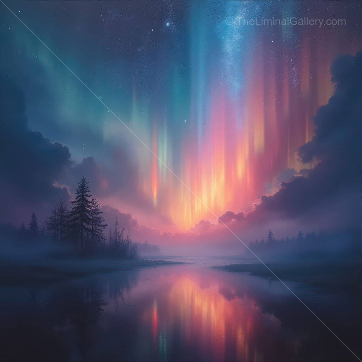 Auroras ripple above a misty lake, their vivid colors mirrored in still water while pine silhouettes frame a nocturnal scene of cosmic beauty and calm