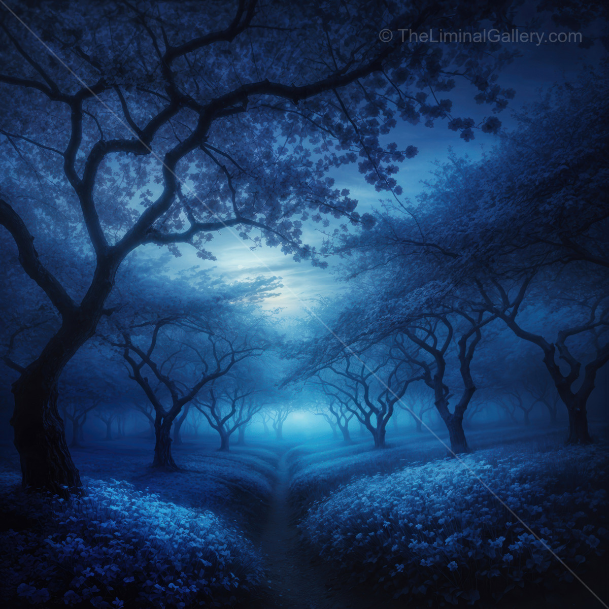 Mysterious blue forest awakening under a dreamy twilight sky in the liminal hours of the night