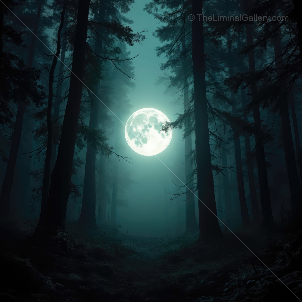 Eerie moonlight bathes a shadowy forest in blue hues as mist swirls around tall trees during a quiet night