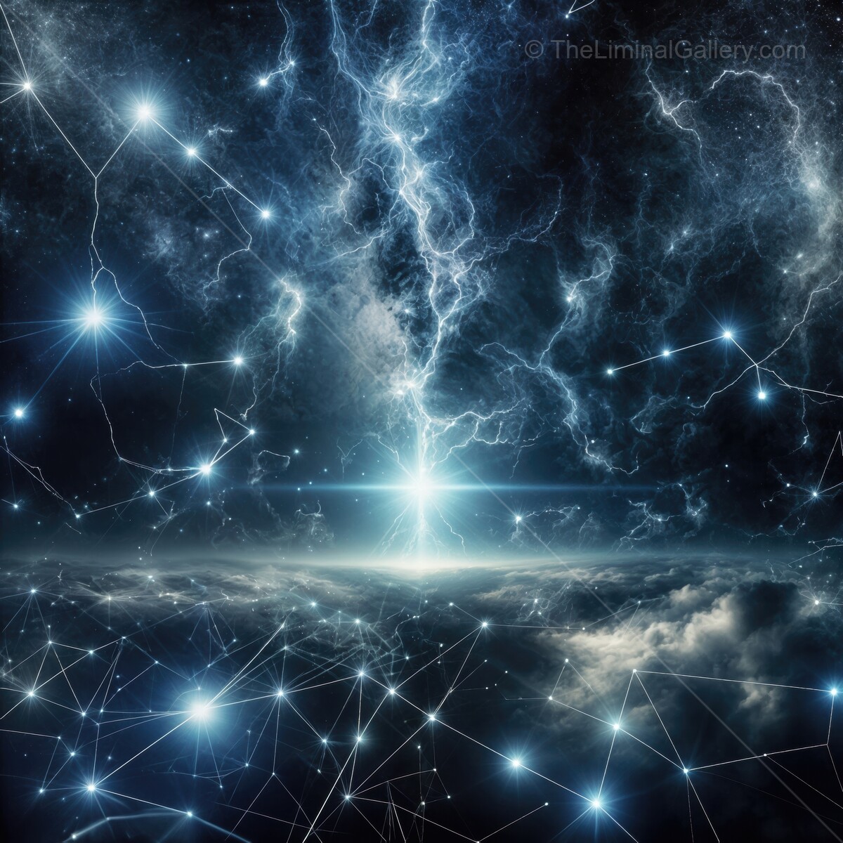 Celestial explosion reveals a mystical cosmos filled with light and energy above ethereal clouds