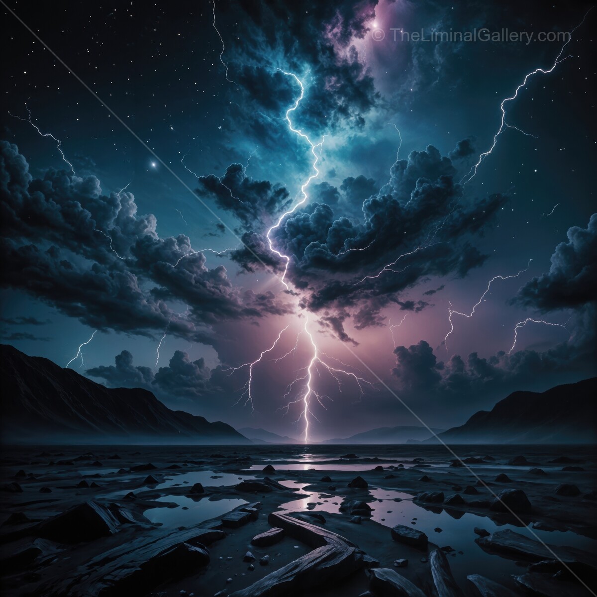 Electric storm ignites the night sky over a tranquil lake surrounded by mountains