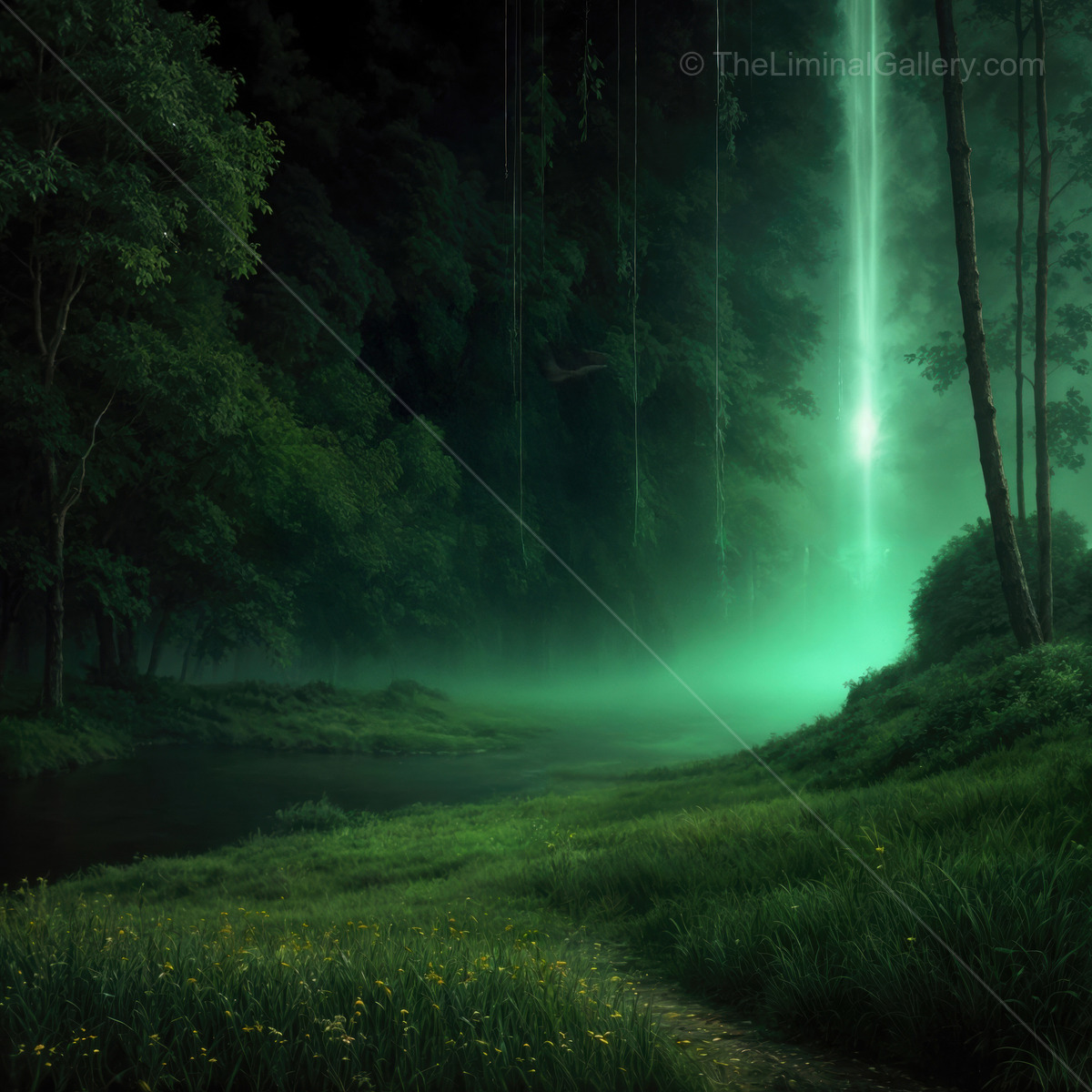 Whispers of an enchanted liminal forest illuminated by a mystical waterfall at dusk