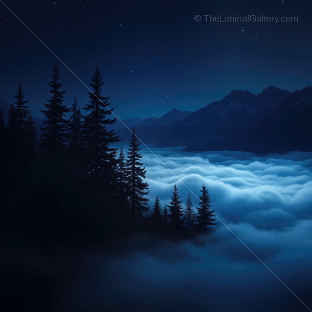 Mysterious mist blankets the valley under a starry night sky