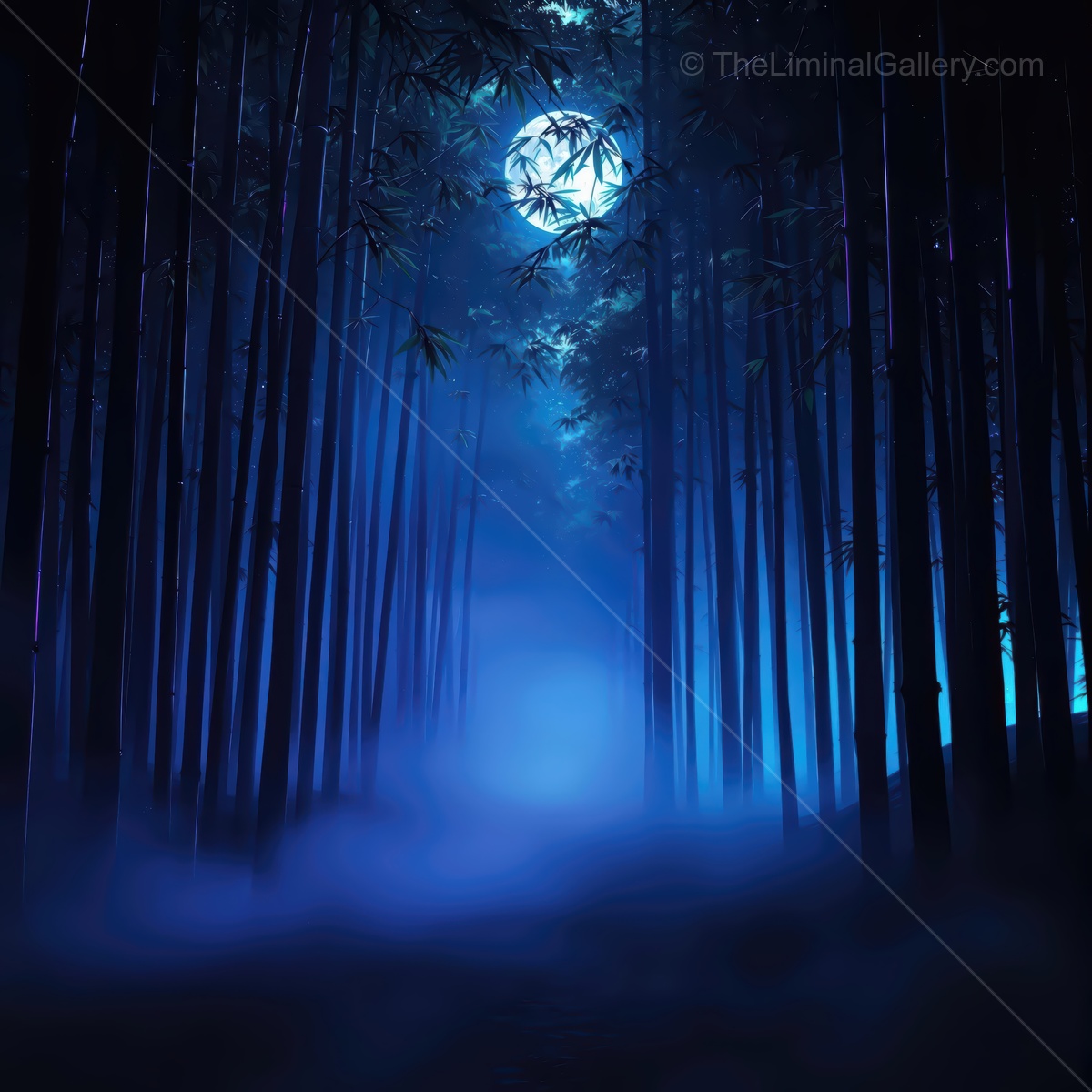 Mysterious bamboo forest under a glowing full moon at twilight creating an enchanting liminal atmosphere