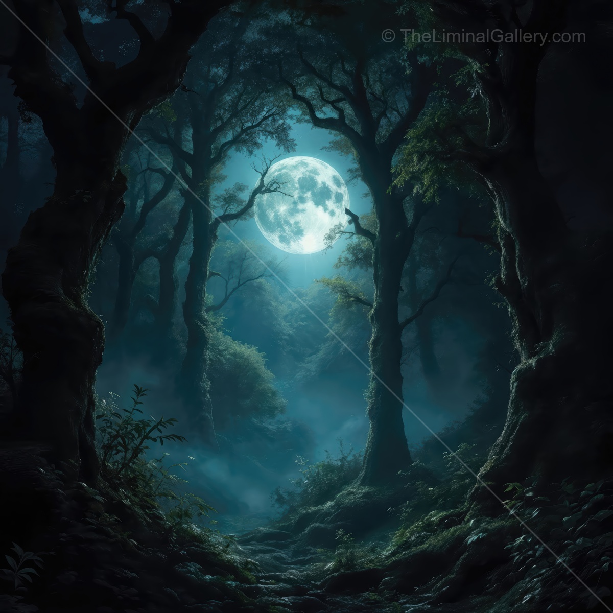 Moonlit path through a mystical forest at twilight, revealing the magic of nature's liminal spaces