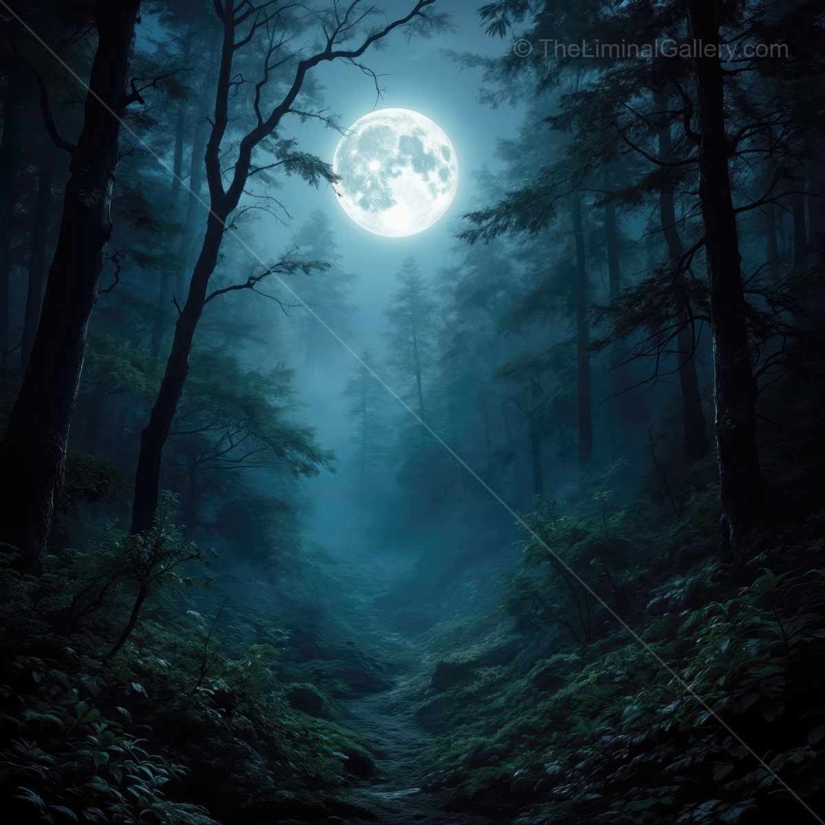 Mysterious nocturnal forest illuminated by a full moon casting ethereal shadows