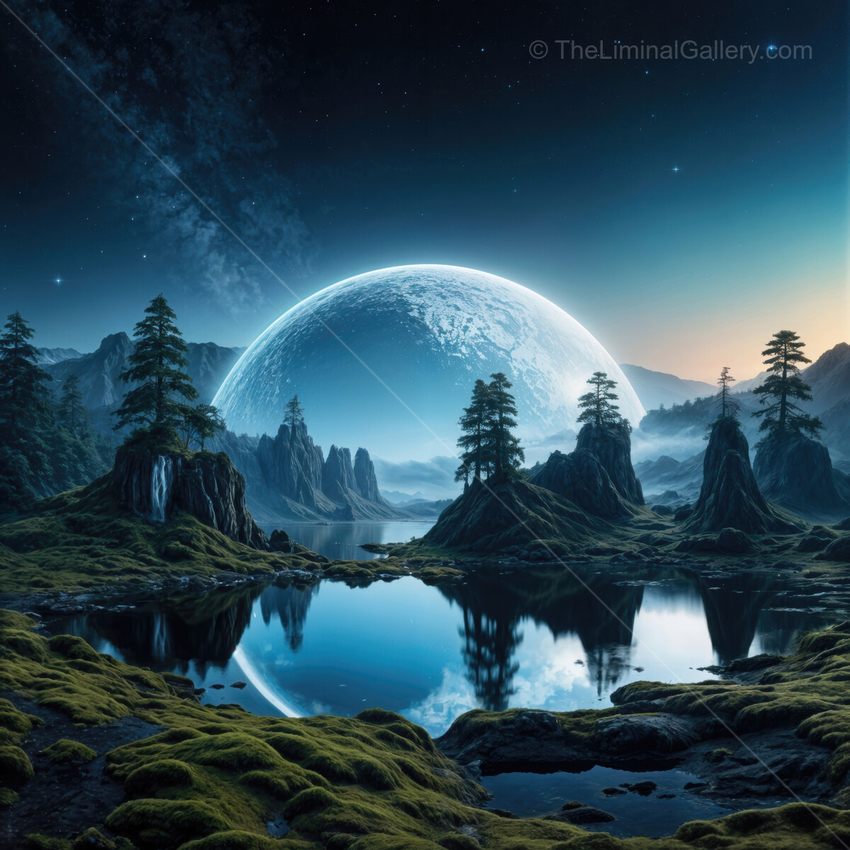 Magnificent twilight liminal landscape with a giant moon reflecting in serene waters