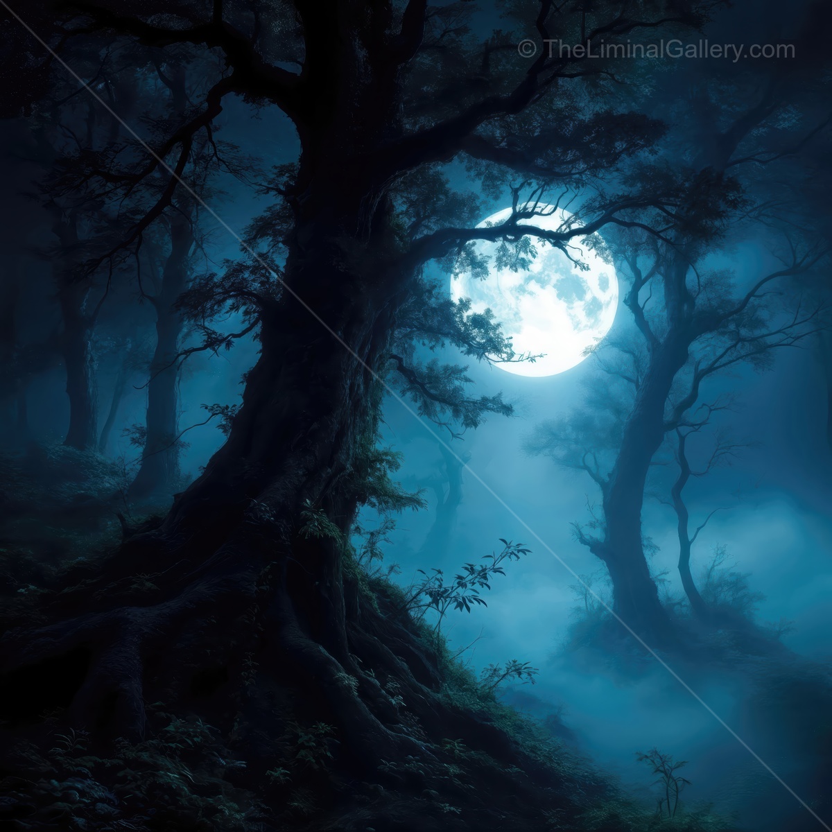 Mysterious moonlit forest evokes a sense of wonder and adventure in a tranquil night scene