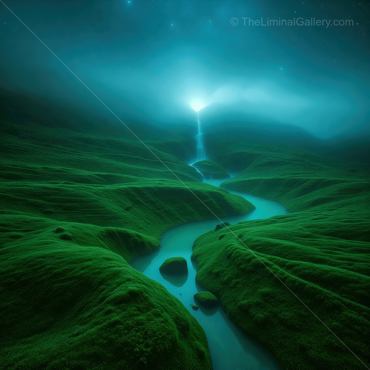 Exploring the enchanting liminal landscape of ethereal light and vibrant green valleys beneath a starry sky