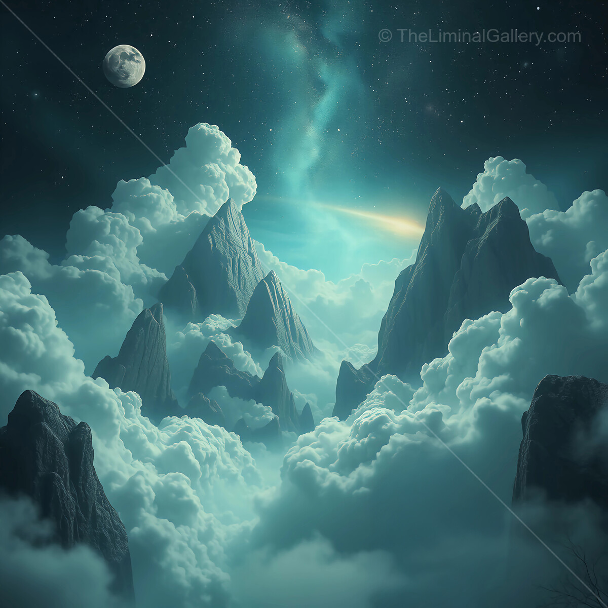 Majestic mountain peaks rise above ethereal clouds illuminated by a serene liminal moonlit night