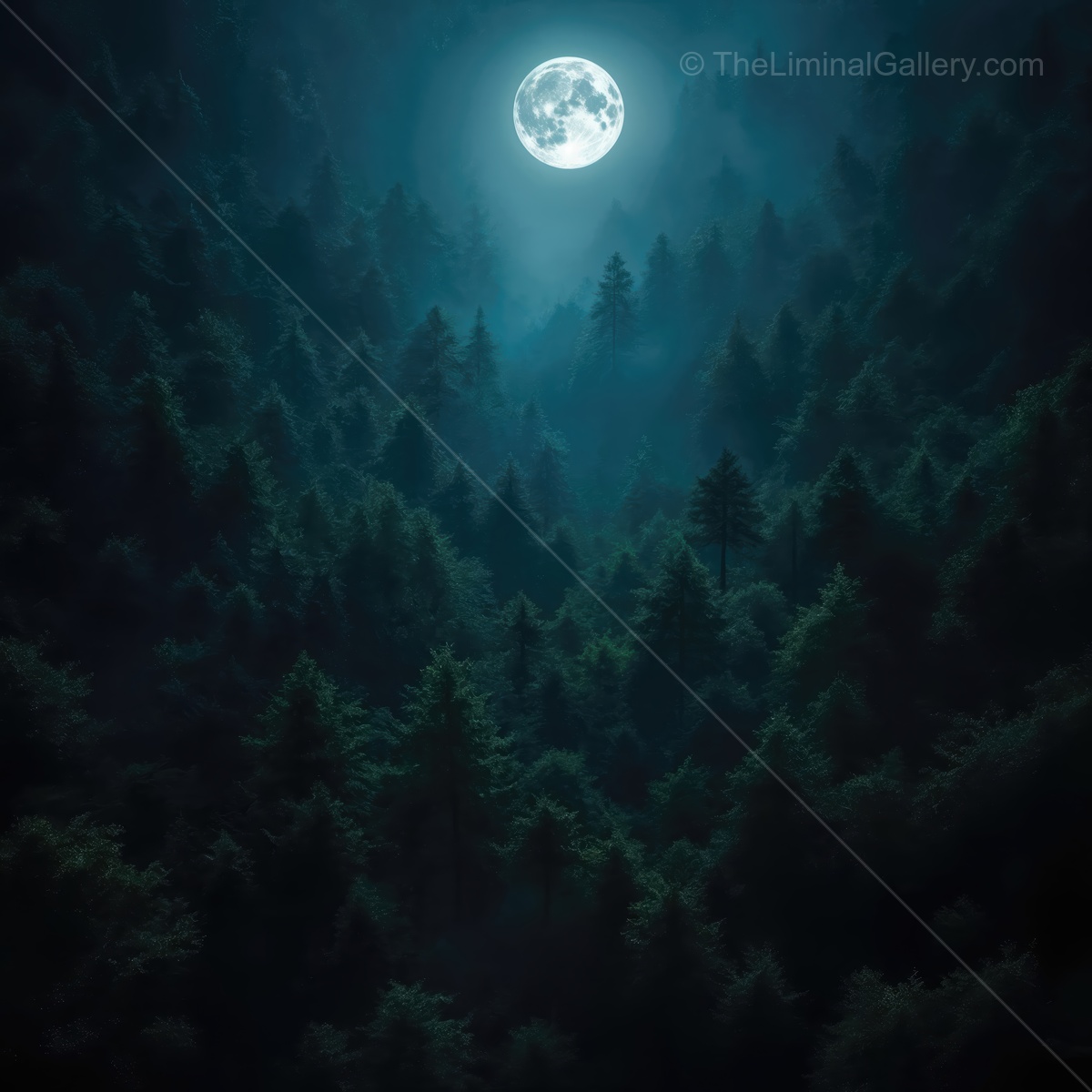 Moonlight bathing the dense forest in a serene, dreamlike atmosphere during the twilight hours