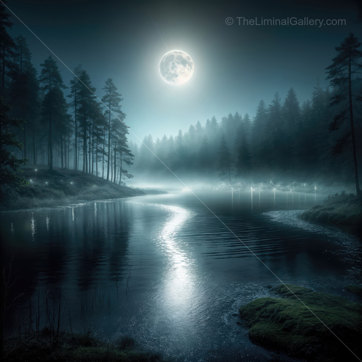 Eerie calm envelops the forest lake under the moonlight in a surreal twilight world