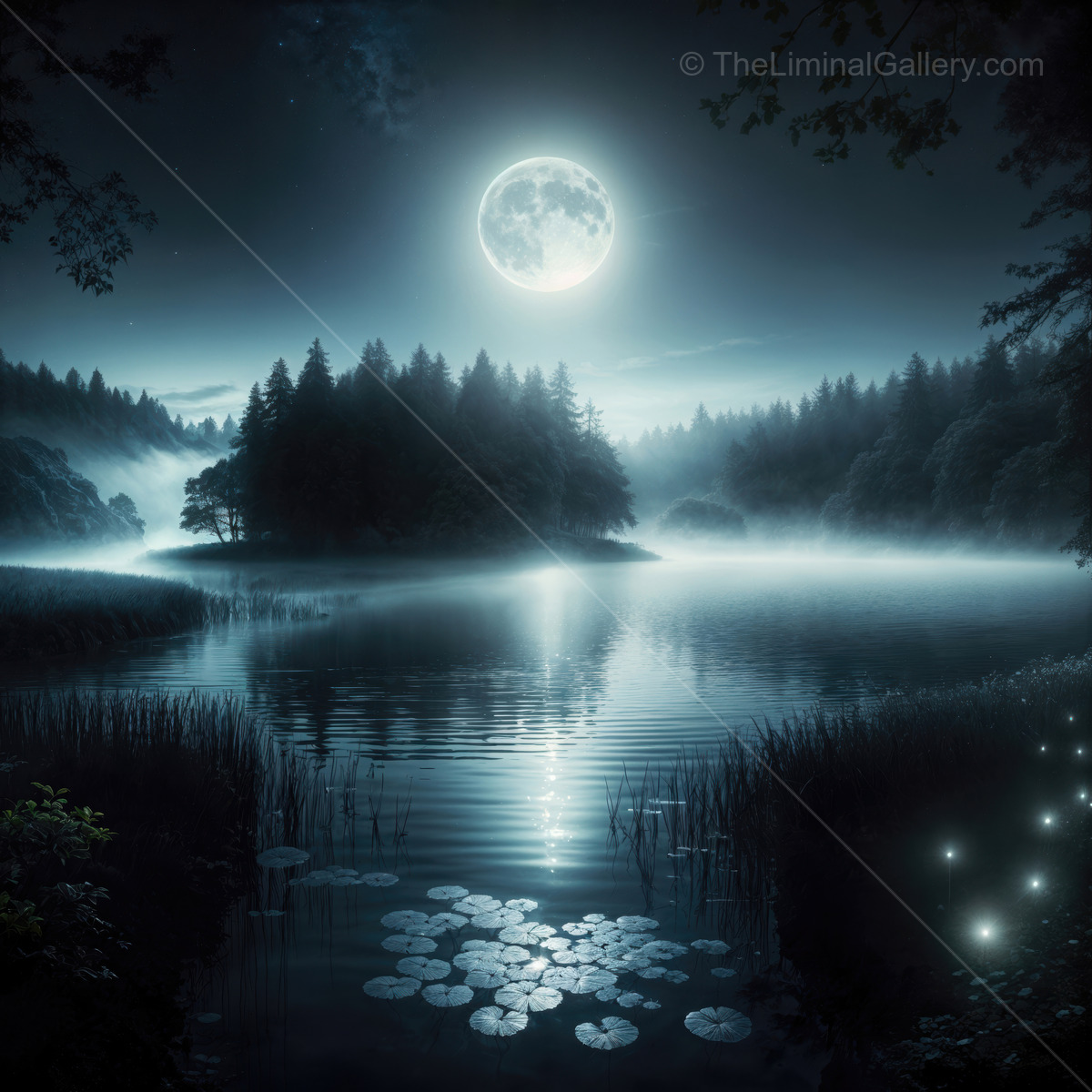 Mysterious harmony of moonlight illuminating a serene liminal lake at night