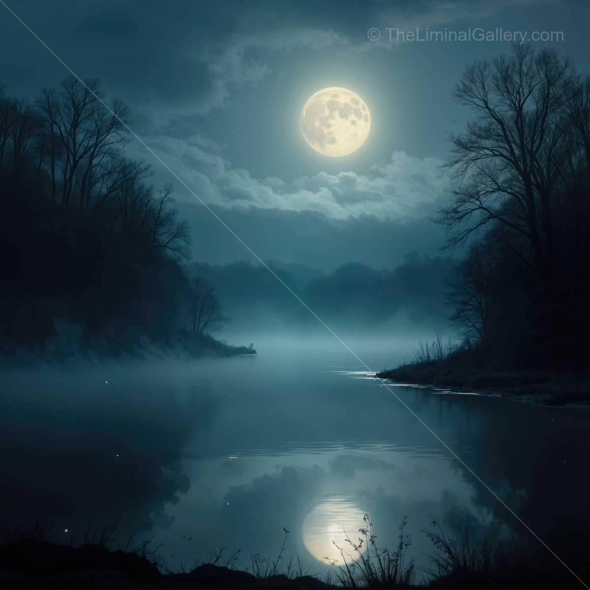 Enigmatic moonlit landscape casts a serene reflection on the still waters at night