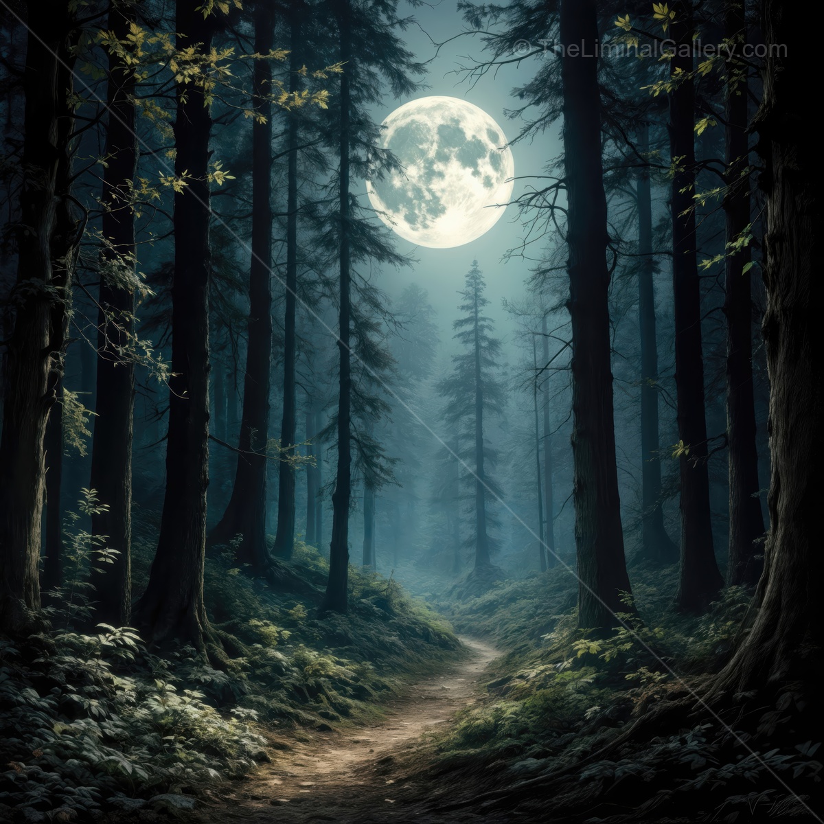 Moonlit path winding through a mystical forest at twilight