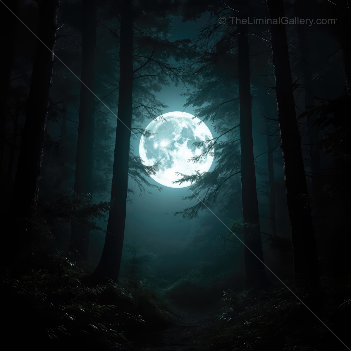 Moonlit forest path reveals a serene and mystical atmosphere beneath the luminous night sky