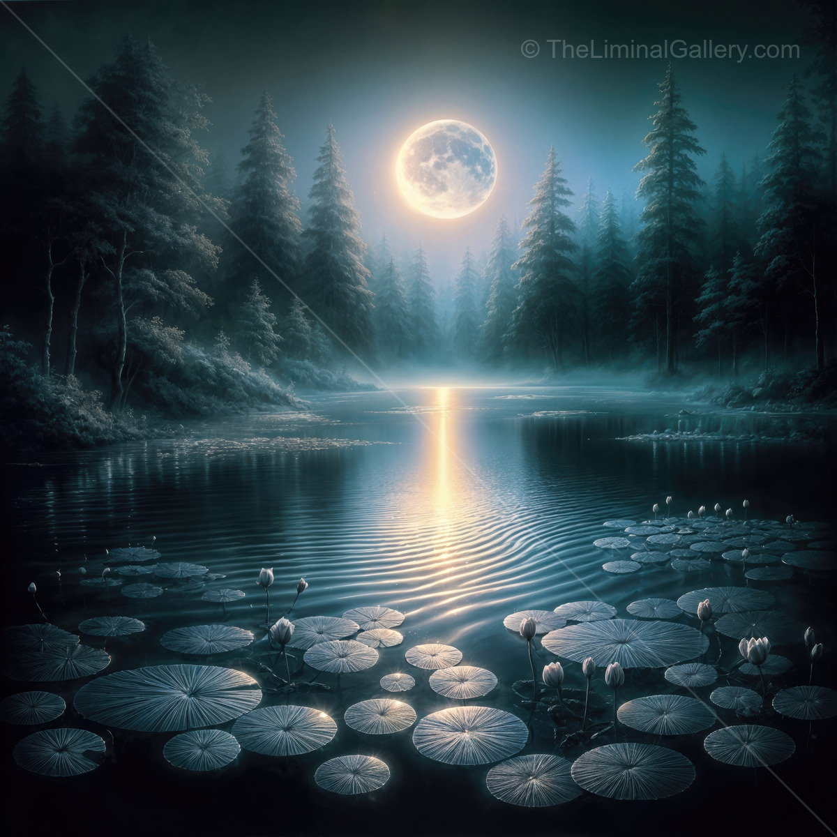 Exploring a liminal realm under the moonlit sky in a serene forest reflecting on a tranquil water surface