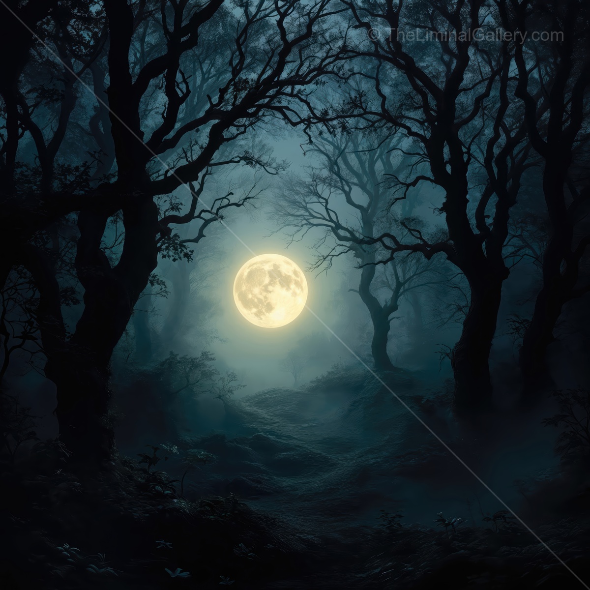 Mysterious moonlight illuminating a shadowy forest at night, inviting wonder and exploration in a liminal space