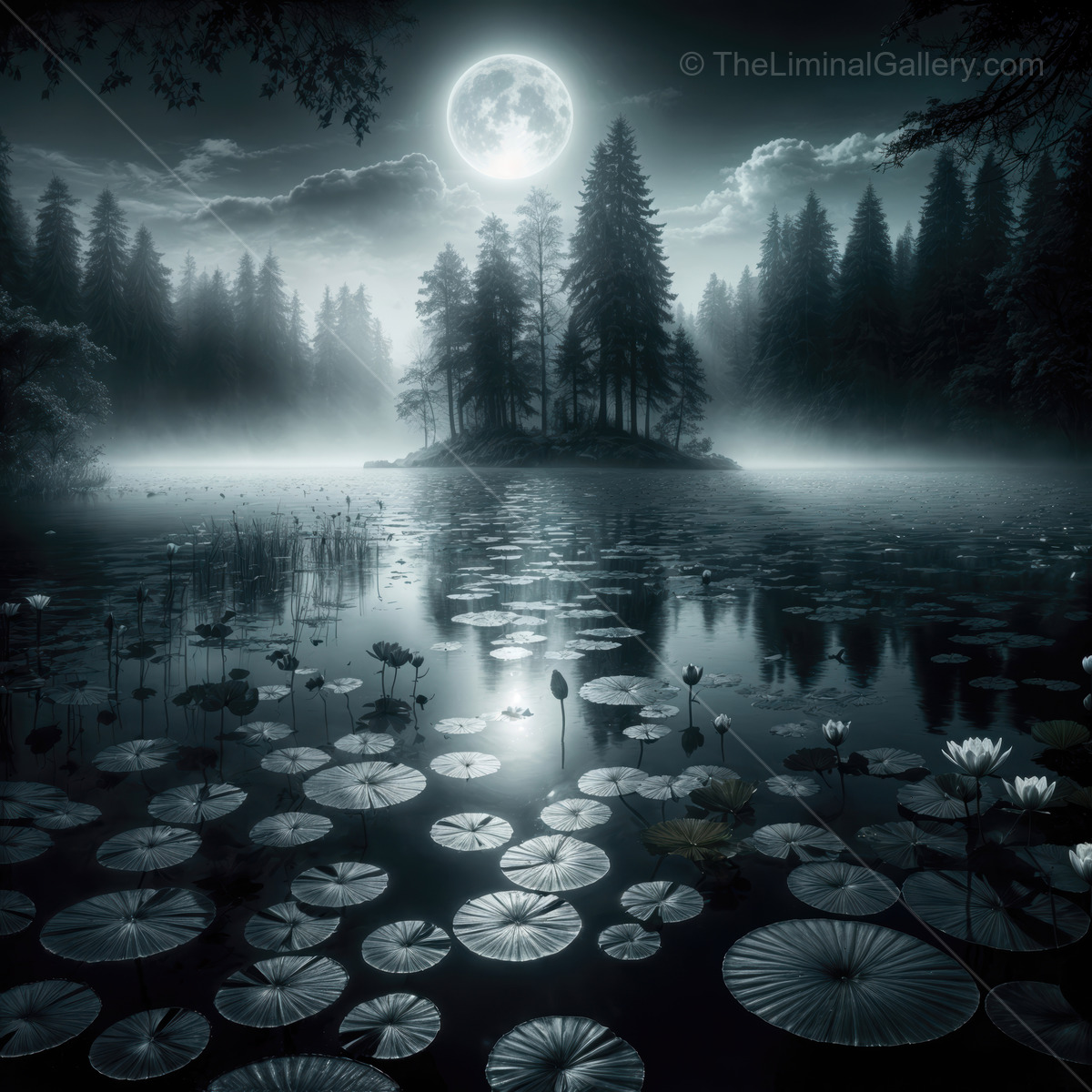 Mysterious night enveloping an ethereal lake surrounded by towering trees and glimmering water lilies
