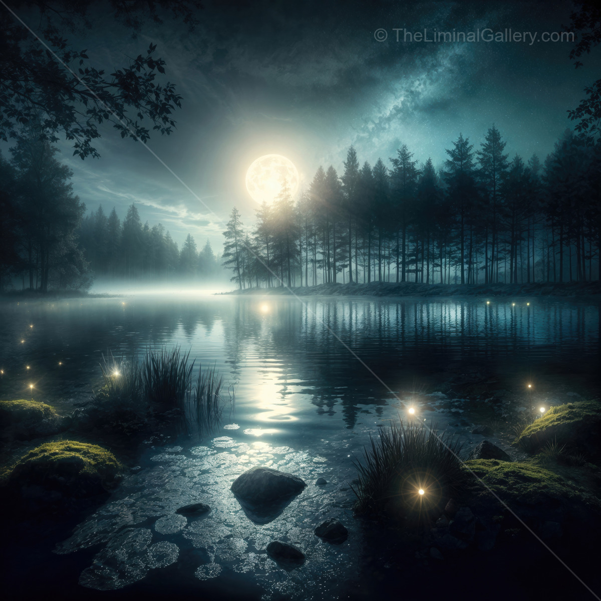 Moonlit tranquility over a misty lake reveals glowing lights and shadowy trees at dusk