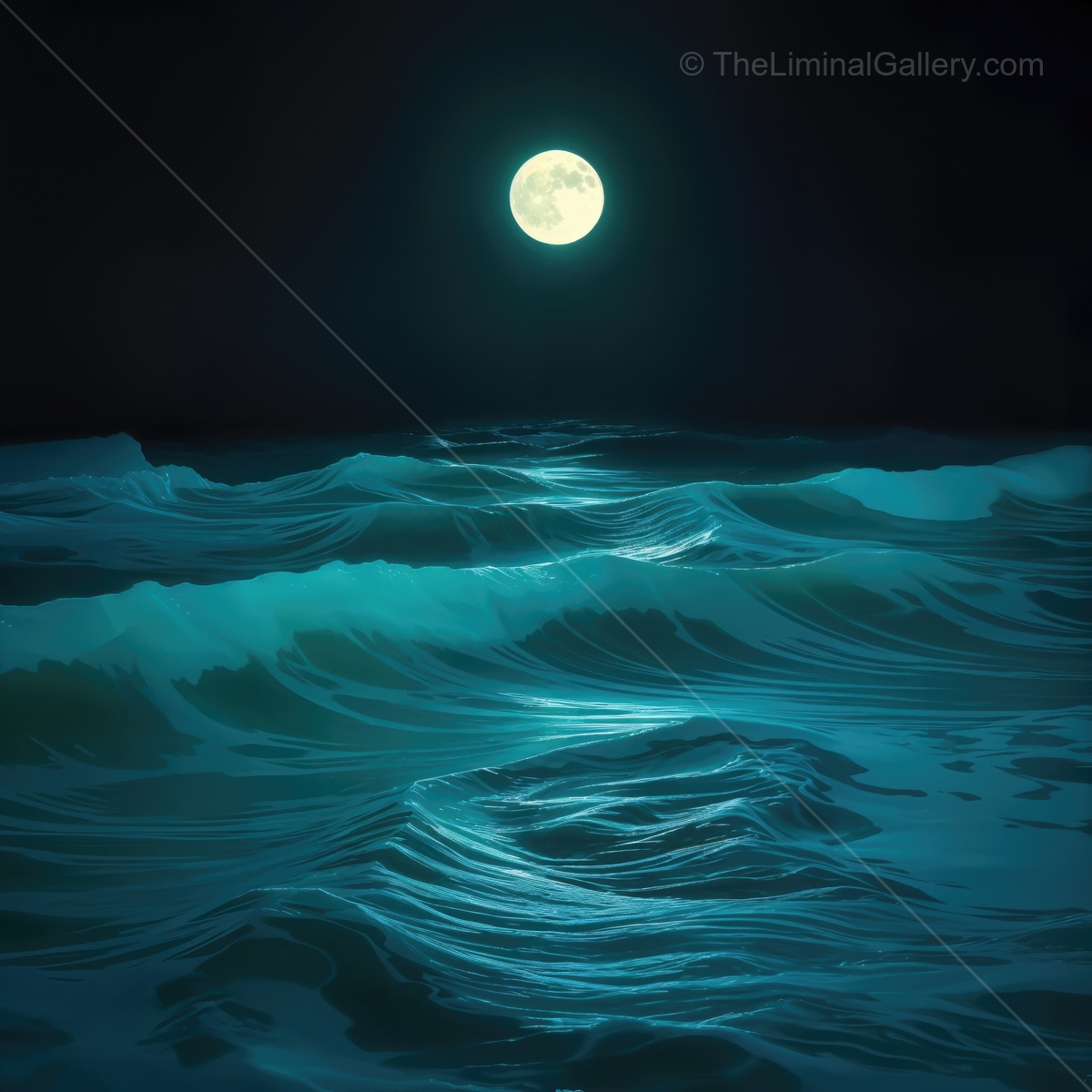 Mysterious night sky reveals a glowing moon above liminal ocean waves