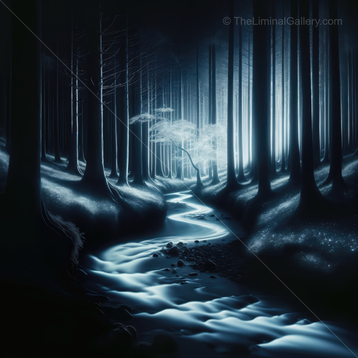 Nighttime river flows softly through a quiet, mystical forest under a moonlit sky