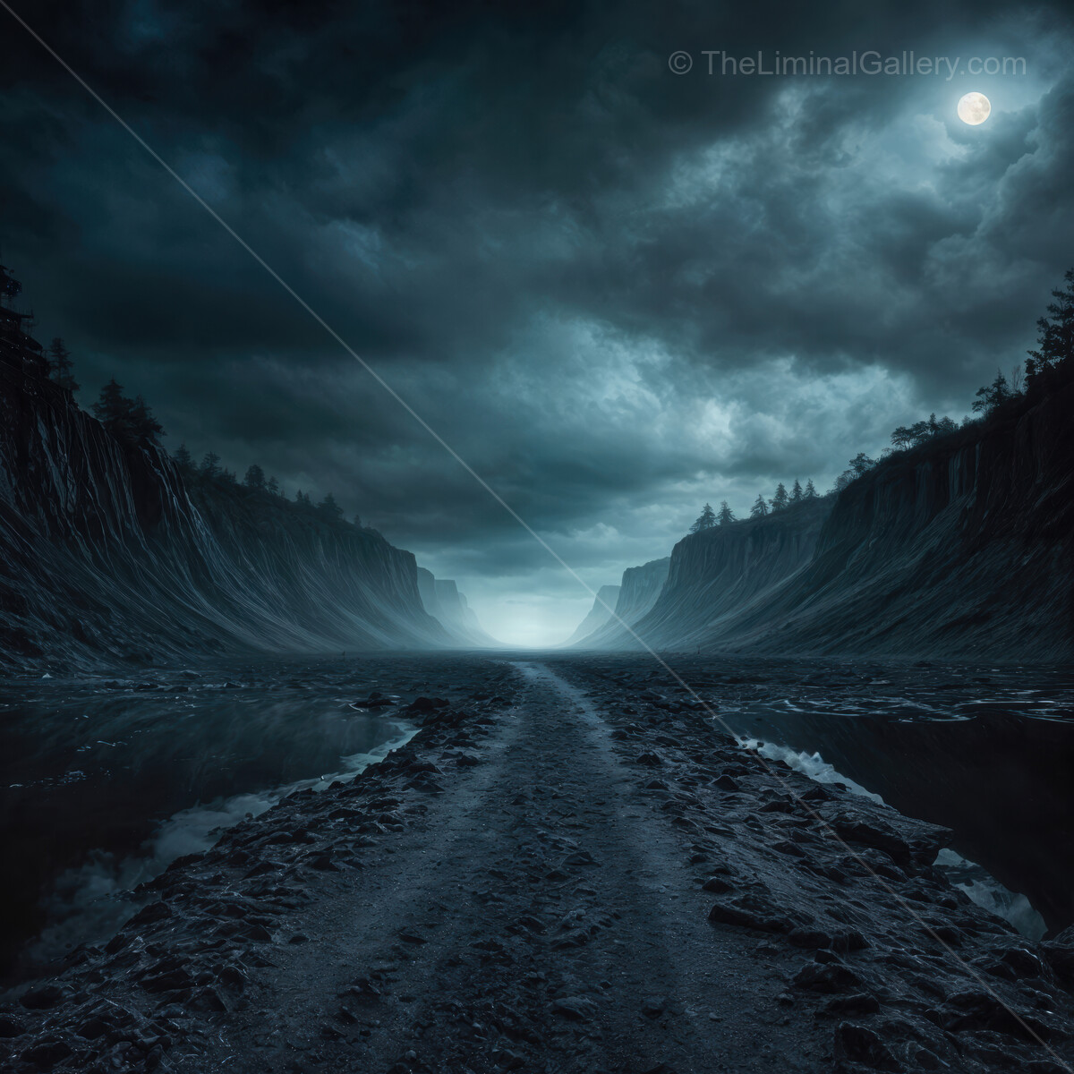 Mysterious pathway under a full moon shrouded in dark clouds at twilight