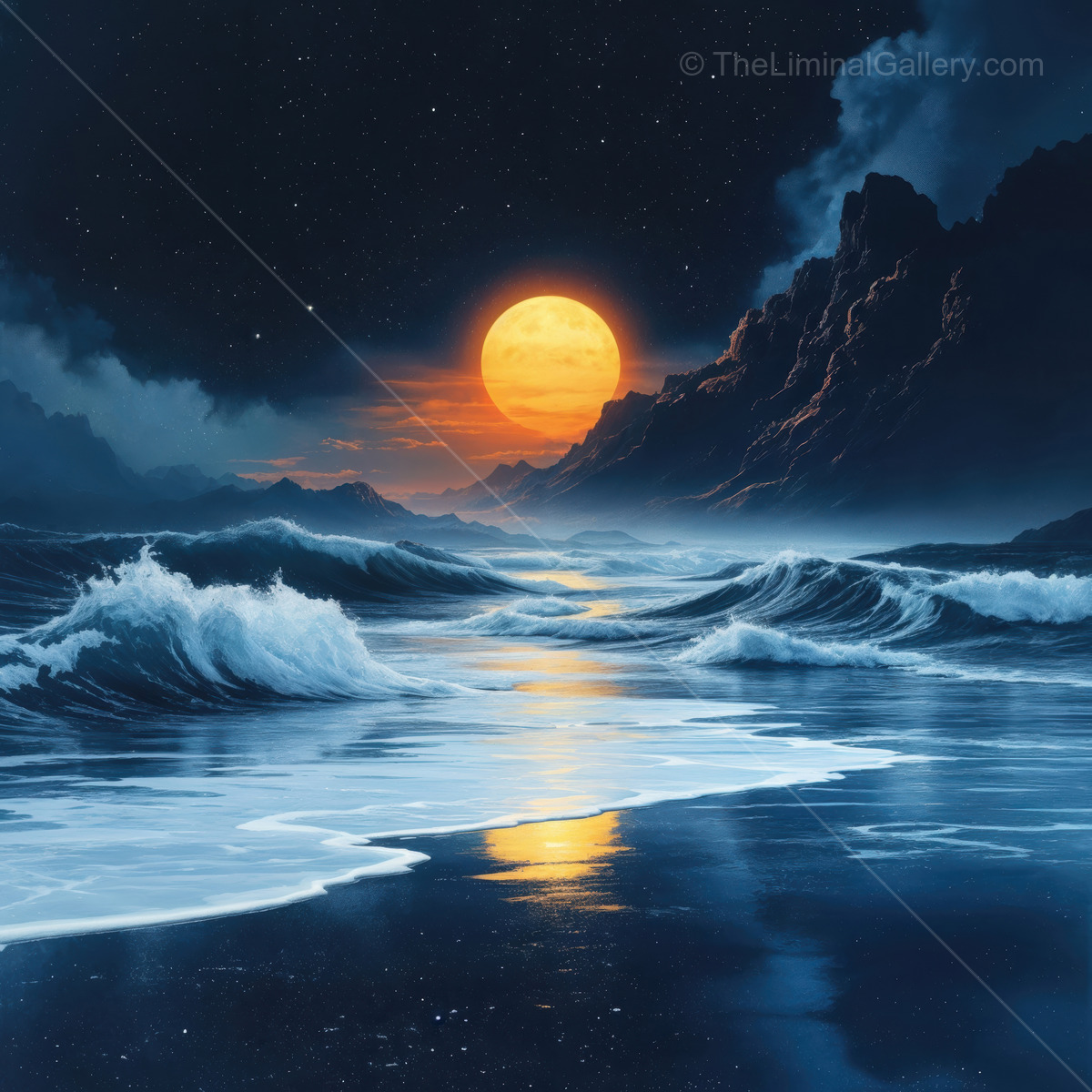 Serene twilight over an ocean landscape where waves dance under a glowing moon